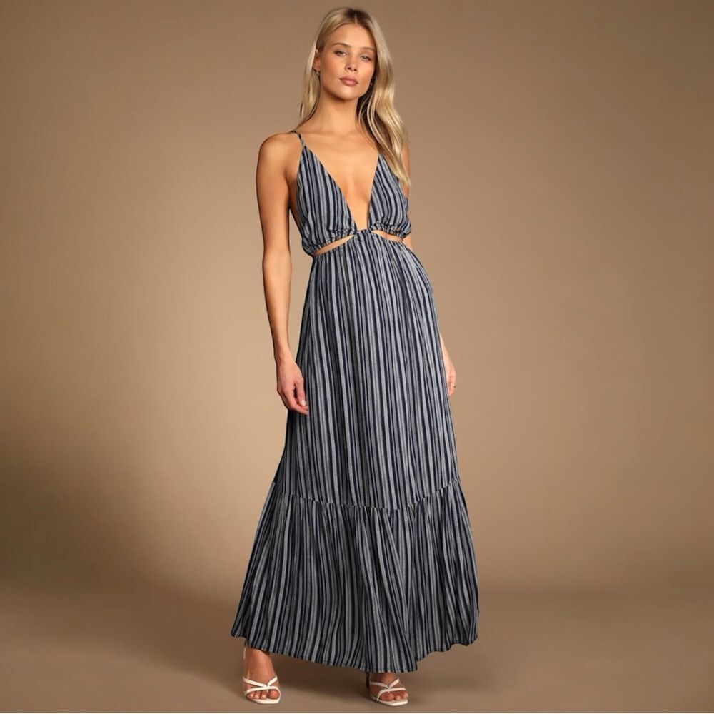 NWT Lulus Dress Cutout Maxi Striped Navy Blue Small